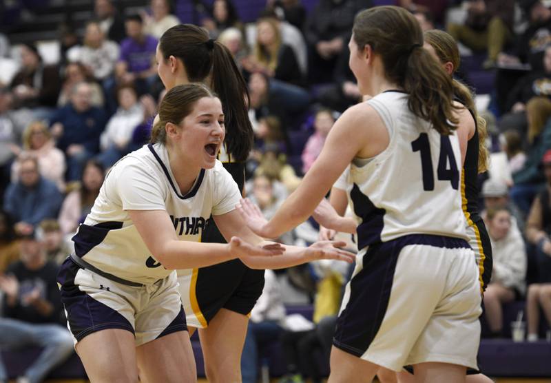 Manteno's Brooke Blanchette, left, reacts as Hannah Stritar, right, draws a foul in a game against Herscher on Thursday, January 15, 2026.