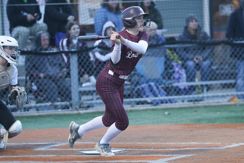 Lockport’s against Taylor Lane connects Lincoln-Way West in the WJOL Softball Tournament championship game on Thursday, April 2, 2026 in Joliet.