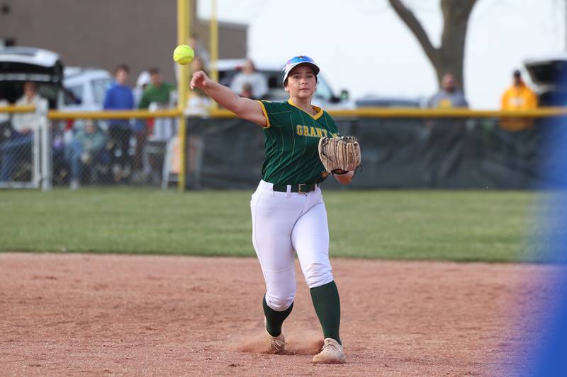 Grant Park's Lola Malkowski throws to first during Grant Park's 12-2 victory over Milford/Cissna Park in six innings on Wednesday, March 25, 2026.