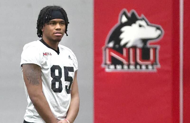 Northern Illinois receiver Trayvon Rudolph takes a breather during the teams first spring practice Wednesday, March 22, 2023, in the Chessick Practice Center at Northern Illinois University in DeKalb.