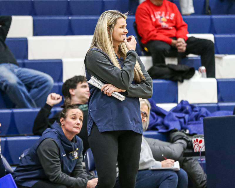 Lyon's head coach Meghan Hutchens looks on during their Coach Kipp's Hoopfest basketball game between Lyons at St Charles East. Jan 18, 2025 in La Grange.