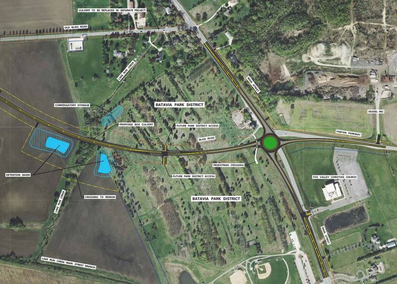 Kane County officials broke ground Tuesday on a project that will realign Bliss Road so it intersects with Main Street and Fabyan Parkway. The project west of Batavia is expected to be completed by the end of 2023.