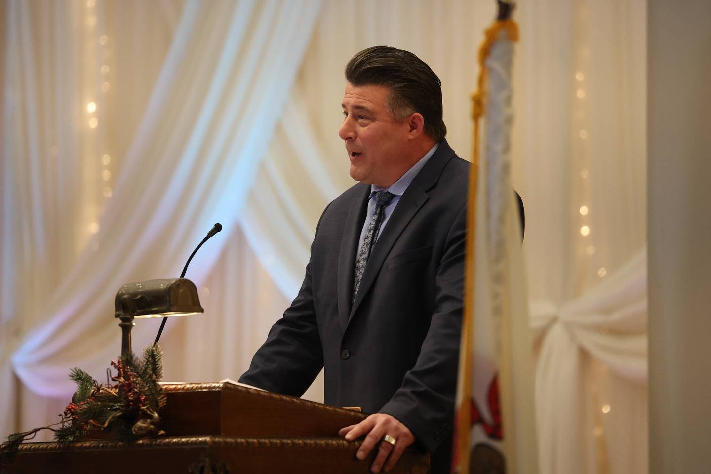 President of the Will County Bar Association Thomas Manzella speaks at the State of the Courthouse luncheon at Jacob Henry Mansion in Joliet on Wednesday February 1st, 2023.