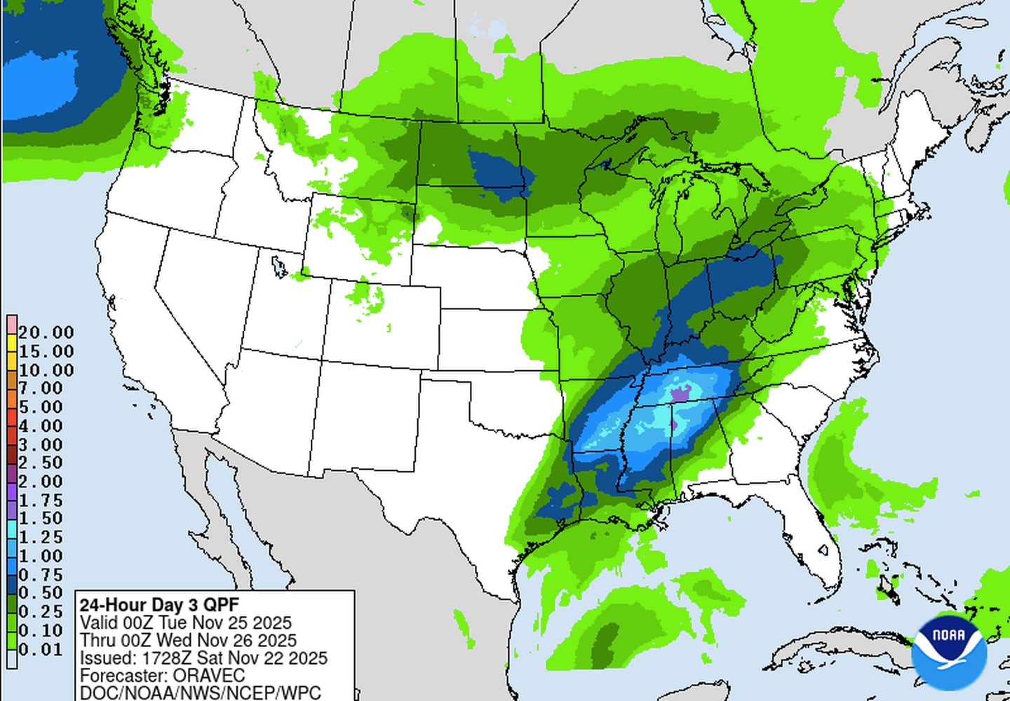 The National Oceanic and Atmospheric Administration's precipitation forecast for Nov. 25, 2025.