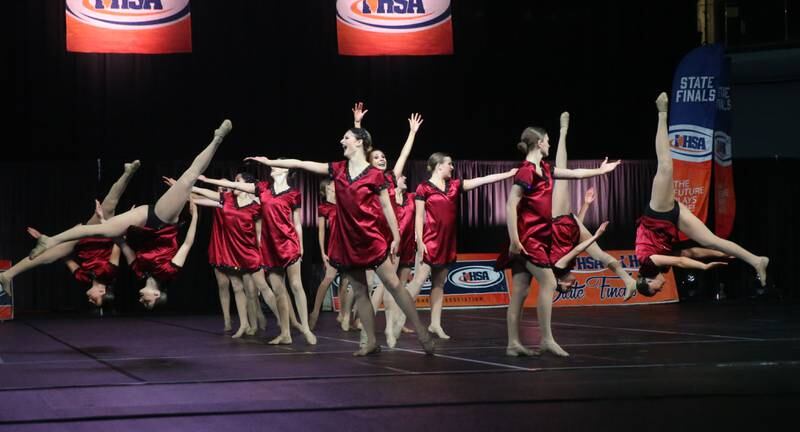 Members of the St. Charles East dance team perform during the IHSA State Dance competition on Saturday, Feb. 1, 2025 at Grossinger Motors Arena in Bloomington.