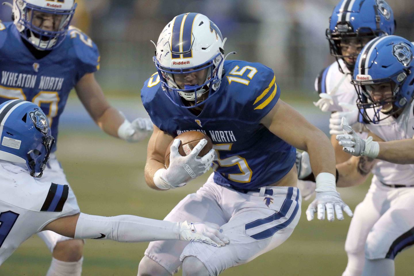 Brian Hill/bhill@dailyherald.com
Wheaton North's Karsten Libby (15) slide upfield during the second round of the IHSA playoffs Saturday November 5, 2022 in Wheaton.