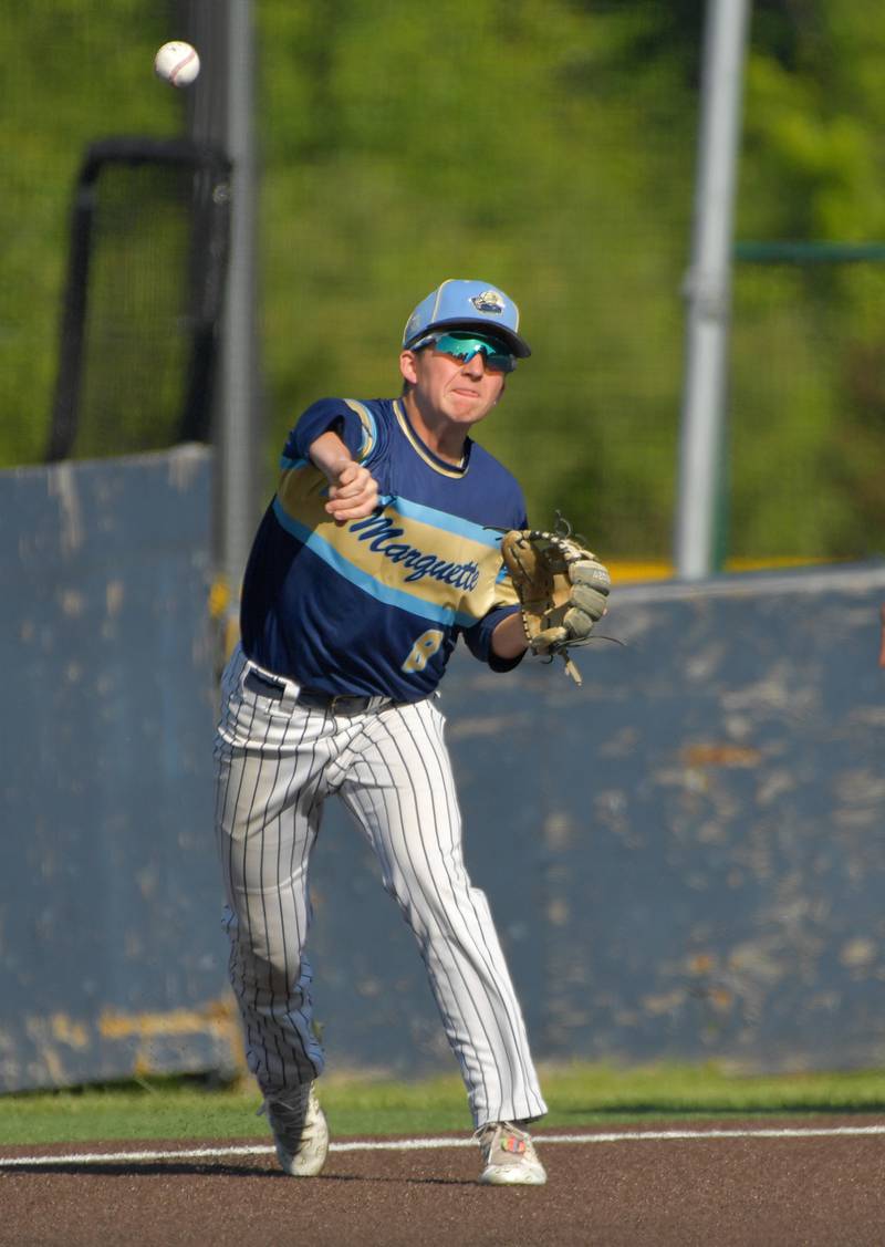 Marquette Academy's Carson Zellers (8) makes the throw to first against Chicago Hope Academy during the 1A baseball sectional semifinal at Judson University in Elgin on Thursday, May 25, 2023.