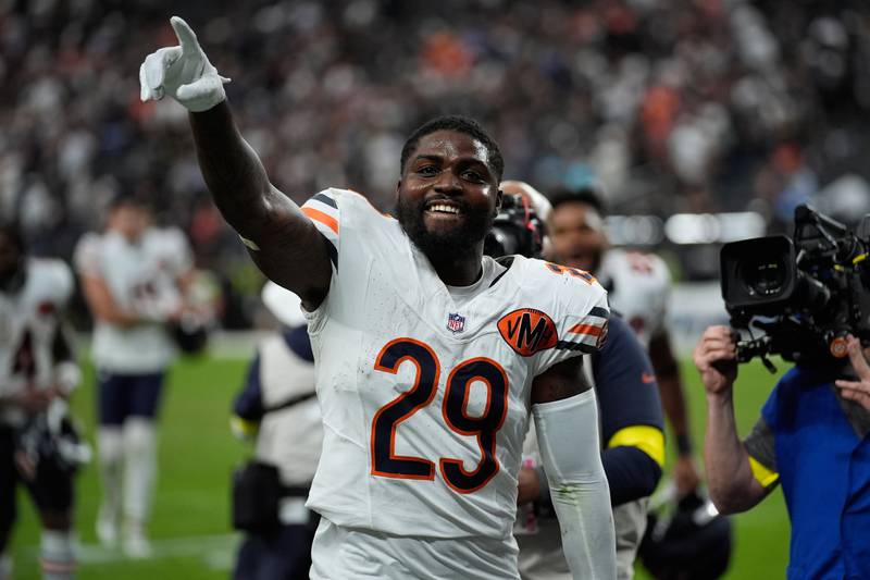 Chicago Bears cornerback Tyrique Stevenson (29) celebrates after an NFL football game between the Las Vegas Raiders and the Chicago Bears, Sunday, Sept. 28, 2025, in Las Vegas. (AP Photo/John Locher)