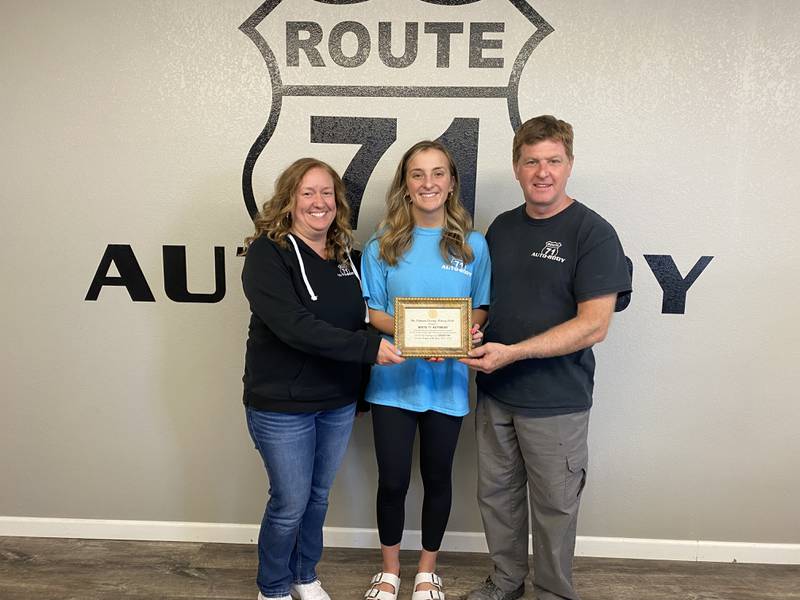 Putnam County Rotary Co-Op Student of the Year, Linzee Fay, presented an award of recognition to Route 71 Auto Body. The award was presented to shop owners Jody and Sara Taliani.