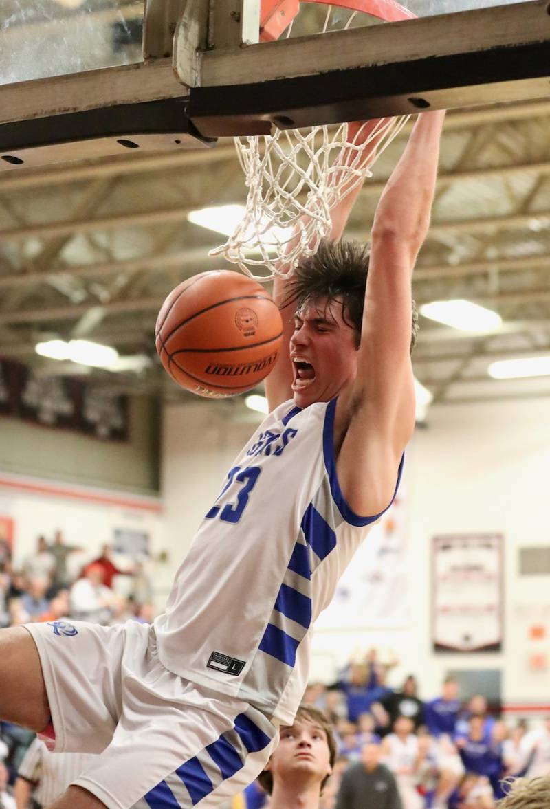 Princeton's Noah LaPorte throws down a dunk during Tuesday's 77-40 sectional win over Riverdale at Orion.