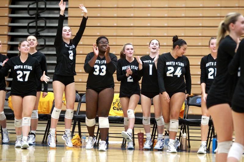 The St. Charles North bench erupts during a game against Oswego Wednesday, Sept. 18, 2024 at St. Charles North.