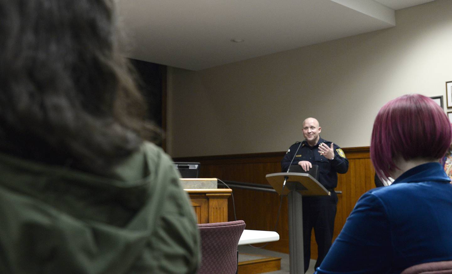 Ottawa Police Chief Brent Roalson explains to those attending the Ottawa City Council meeting Tuesday, March 1, 2022, why Madison Street shouldn't be closed because of truck traffic.