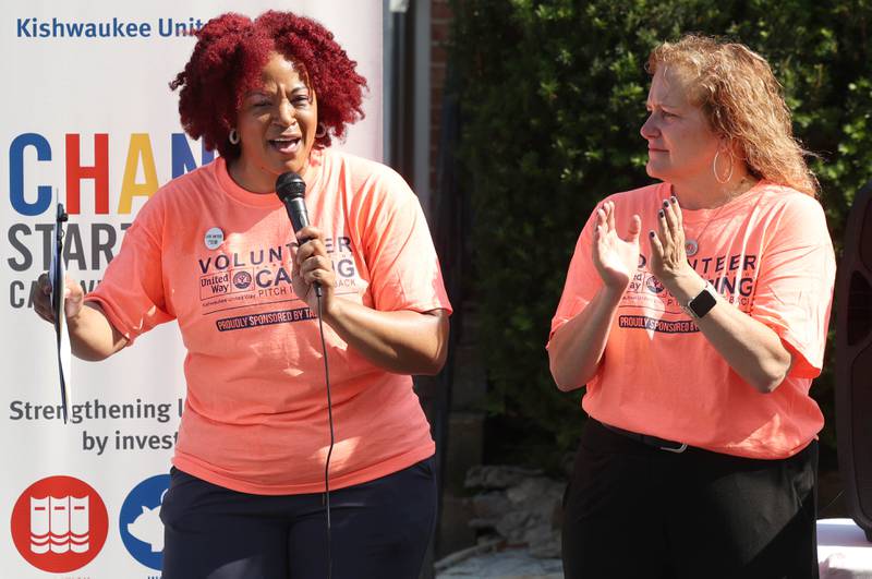 Kishwaukee United Way Executive Director Michele Vaughn, (left) speaks Thursday, June 13, 2024, during the kick-off of Kishwaukee United Way's annual Day of Caring event at their office in DeKalb.