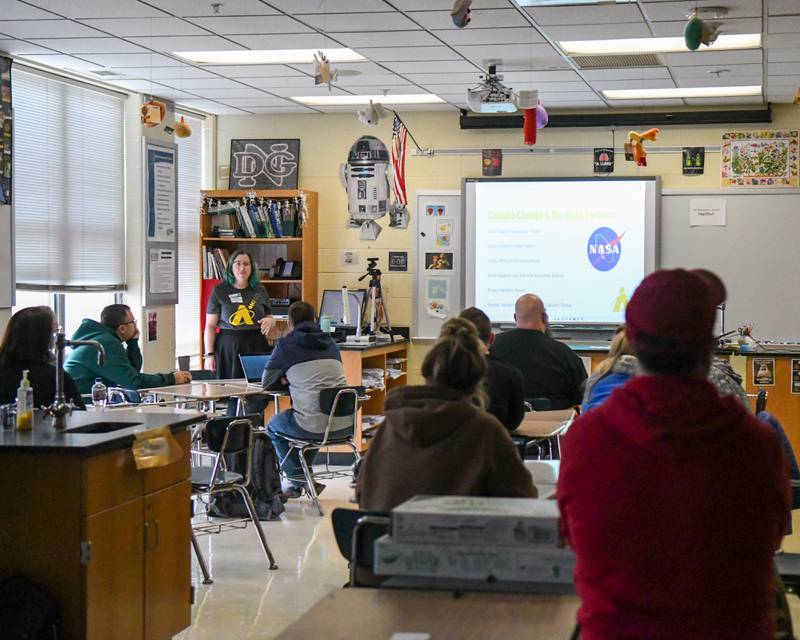 Sarah Smail of the Adler Planetarium talks about Climate change and Me: using Space science to explore its impact on Friday March 1, 2024, held at Downers Grove North High School.