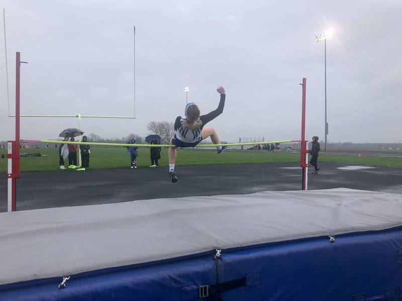 Princeton's Jenna Loftus jumps during Thursday's Three Rivers Track & Field Meet at Bureau Valley High School.