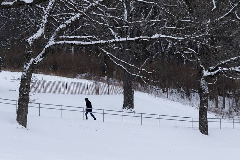 Tom Maher walks in Veteran Acres Park the afternoon of Monday, Jan. 24, 2022, after McHenry County received a fresh snowfall.