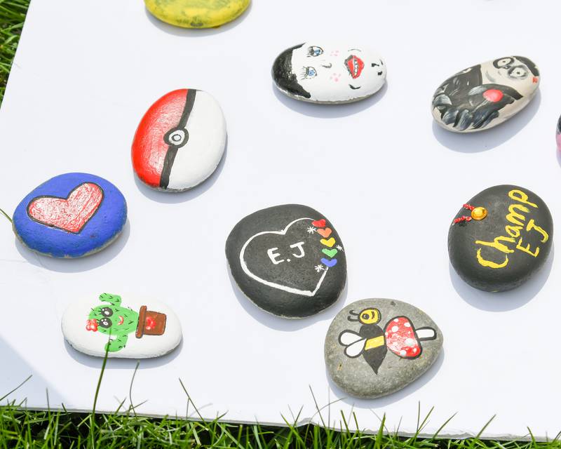 Painted rocks sit out in the sun to dry on Saturday, June 7, 2025, during the Ezra Hill Jr. Memorial Foundation’s 5th annual rock painting event held at Tyler Elementary School in DeKalb. The foundation was created to memorialize the late DeKalb boy, shot and killed in 2019.