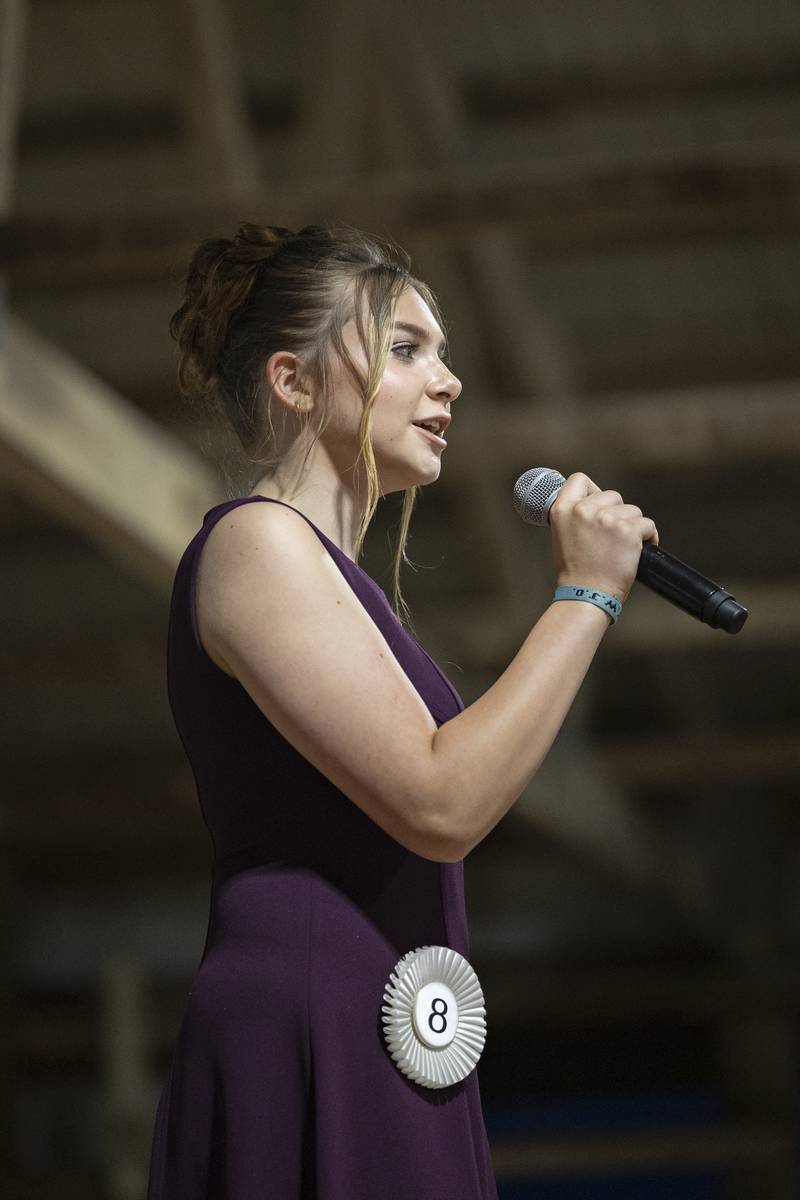 Leiya Moore, 14, speaks in the Ogle County Junior Miss pageant Thursday, July 30, 2025, at the Ogle County Fairgrounds.
