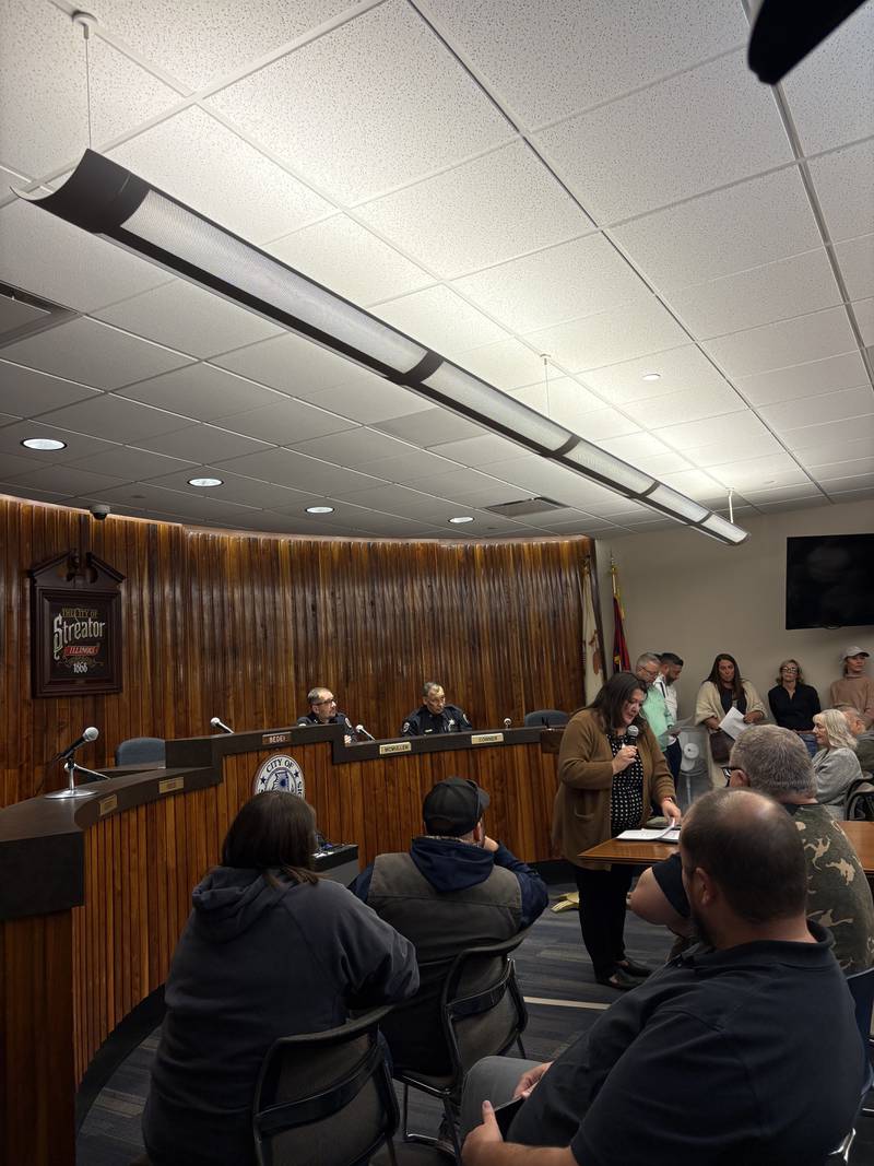Streator Mayor Tara Bedei speaks Tuesday, Oct. 16, 2024, during a special city meeting about the recent gunfire violence in the community.