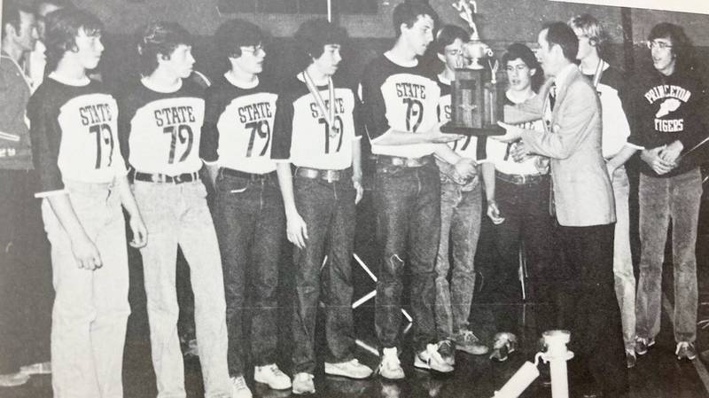 The 1979 Tigers' cross country team captured Princeton's first Class A second-place state finish at an awards ceremony at Prouty Gym. Team members are (left to right) Tom Caldwell, Dan Darling, Tom Hodge, Jaimie Dow, Pat McConnell, Craig Martin, Dave Larson, Tim Elliott and Scott Sergerstrom.
