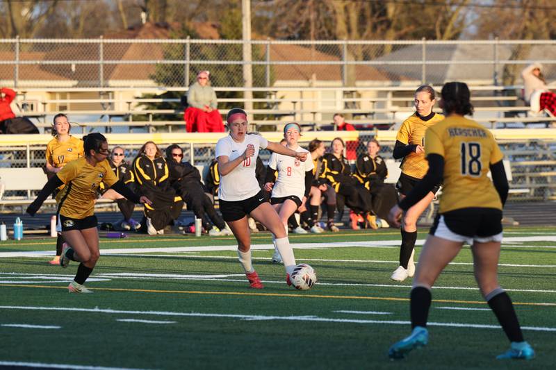 Bradley-Bourbonnais' Harper Tollefson looks to maneuver through Herscher's defense during the Boilermakers' 3-2 loss to Herscher on Tuesday, April 15, 2025.