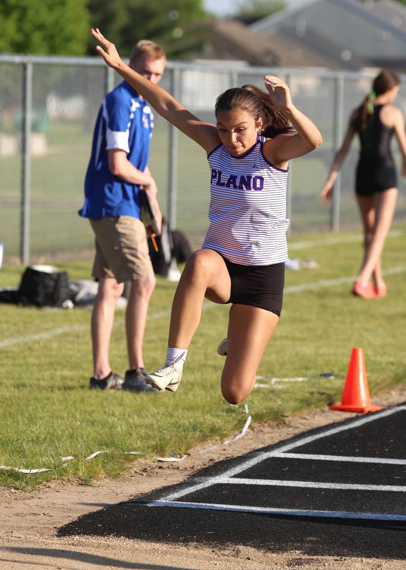 Plano’s Aaliyah Bruns competes in the triple jump Friday, May 15, 2026, during the Class 2A girls track sectional at Genoa-Kingston High School.