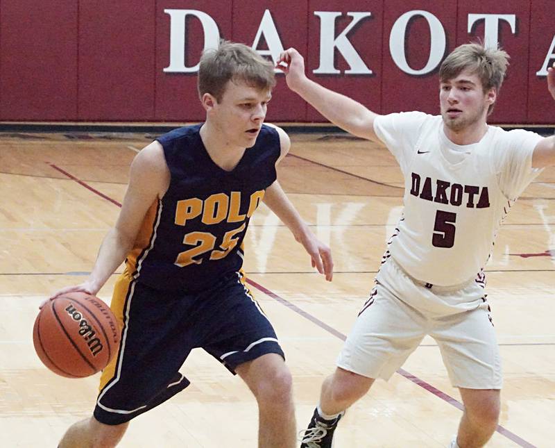 Carson Jones of Polo handles the ball Saturday, Feb. 20, 2022 against Dakota in the regional quarterfinal. Dakota won 53-45.
