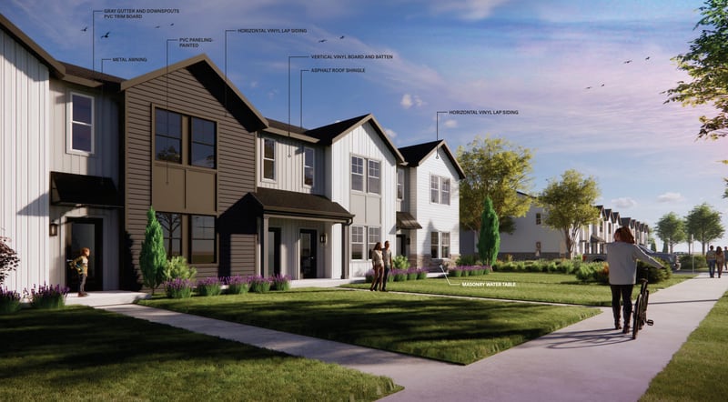 The developer Heyday proposed to the Village Board on Feb. 13, 2025 a community off Route 47 in Huntley that would include 92 single-story attached rental homes and 45 two-story rental townhomes. This rendering shows townhouses along Regency Parkway.