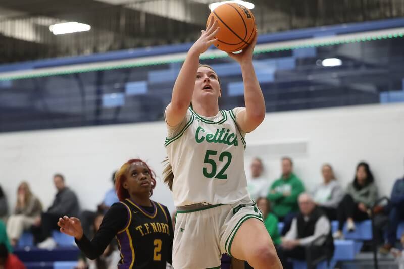 Providence’s Layken Callahan drives in for the shot against Thornton Fractional North in the Class 3A Hillcrest Sectional semifinal game on Tuesday, Feb. 24, 2026 in Hillcrest.