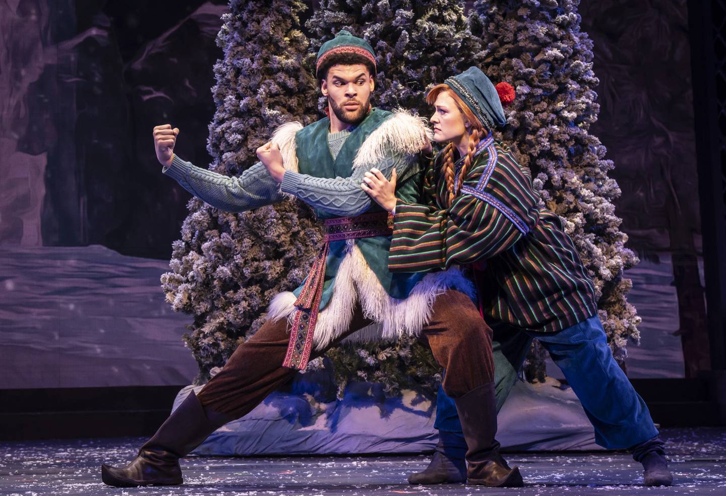 Kristoff (Christian Andrews, left) and Anna (Beth Stafford Laird) learn what they know about love in Paramount Theatre’s Midwest Regional Premiere of Disney’s Frozen the Broadway Musical. Performances run through January 19, 2025 at Paramount Theatre, 23 E. Galena Blvd. in downtown Aurora. Tickets: paramountaurora.com or (630) 896-6666. Credit: Liz Lauren