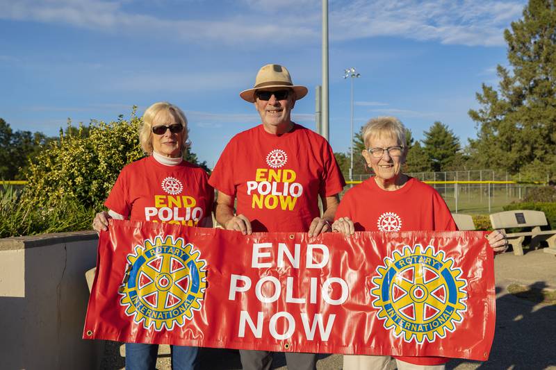 Rotarians Cheryl Faber (left), Bob Sondergeroth and Betty Clementz invite you to participate in the ninth annual End Polio Now Walk Saturday, October 12, 2024.