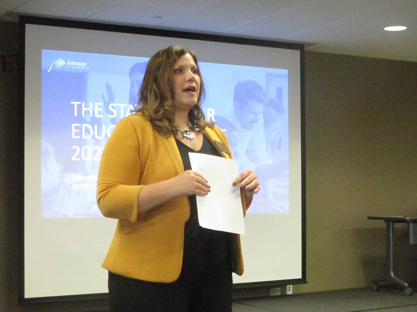 Karla Guseman, superintendent for Joliet High School District 204, discusses the availability of teachers and other educations during a presentation on an Advance Illinois report at the administrative offices the Joliet High School District on Nov. 30, 2023.