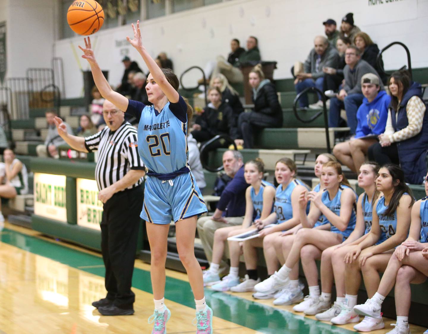 Marquette's Kaitlyn Davis shoots a three-point basket against St. Bede in a game this past season at St. Bede Academy.