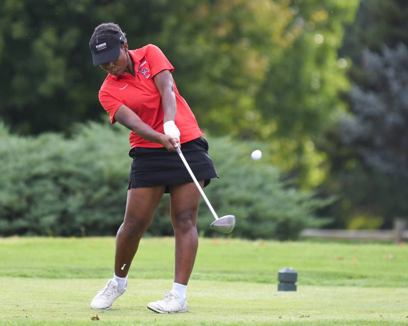Nylani Joyce of Bolingbrook tees off during the Southwest Prairie conference meet on Wednesday Sept. 24, 2025, held at Blackberry Oaks Golf course in Bristal.