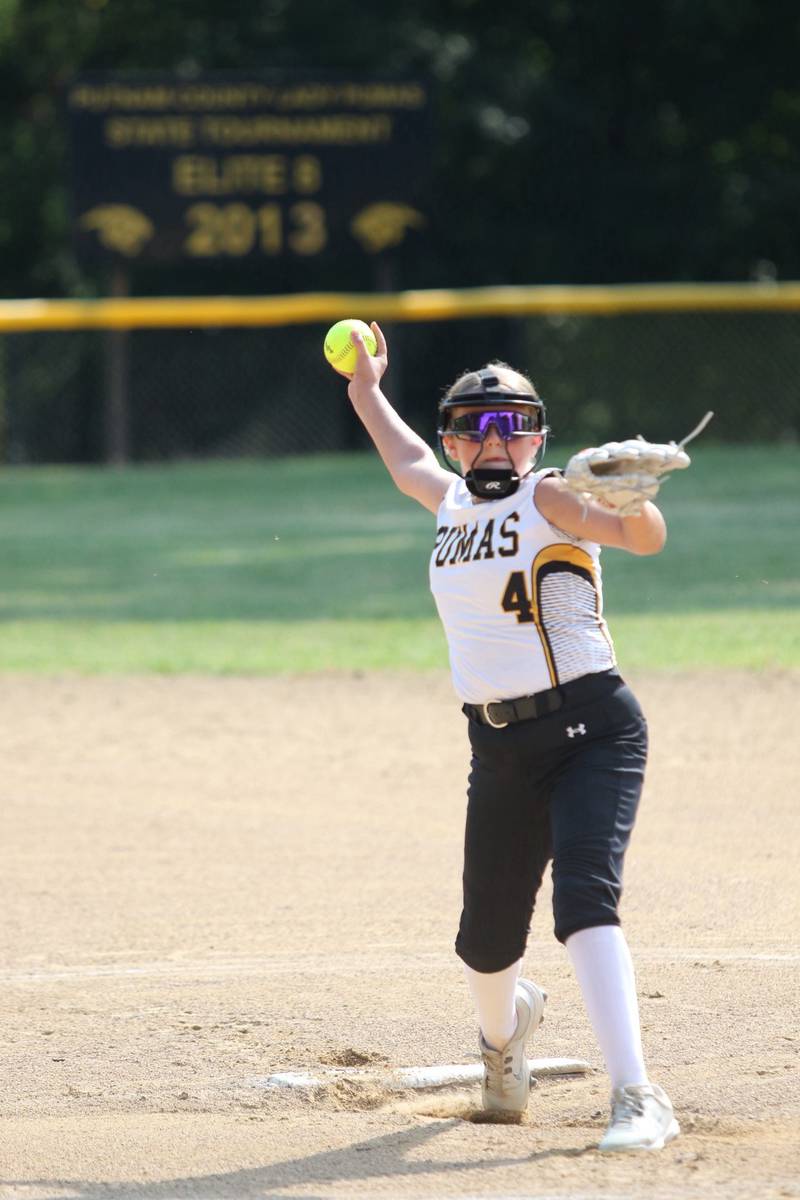 Putnam County's Reece Lenkatis makes her pitch against Fieldcrest on Monday, Aug. 11 game in McNabb. The Pumas won 13-3.