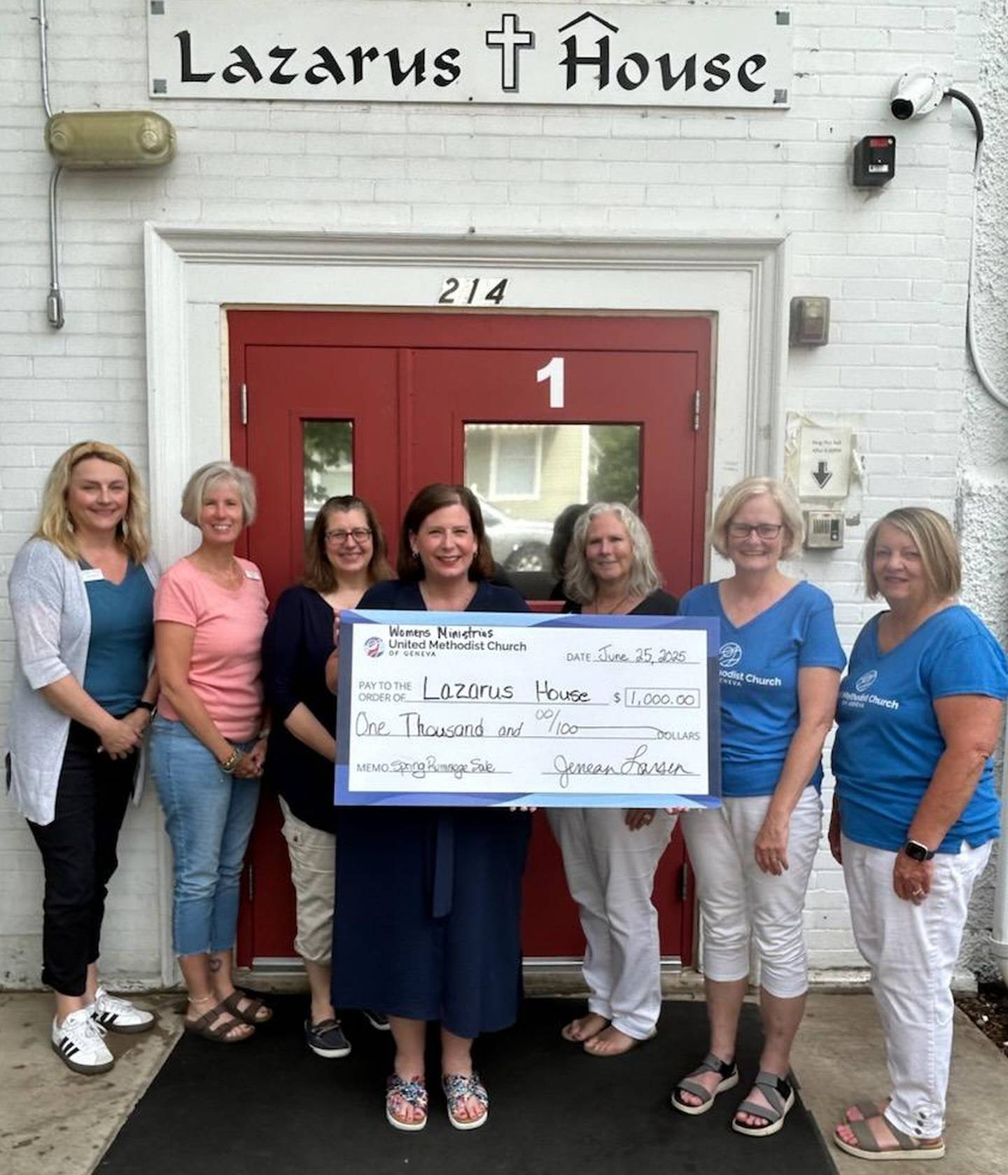 Members of United Methodist Church of Geneva meet with staff from Lazarus House to present them with a check from the church's rummage sale proceeds. The St. Charles-based organization Lazarus House provides shelter, food and support services for adults and children who need help.