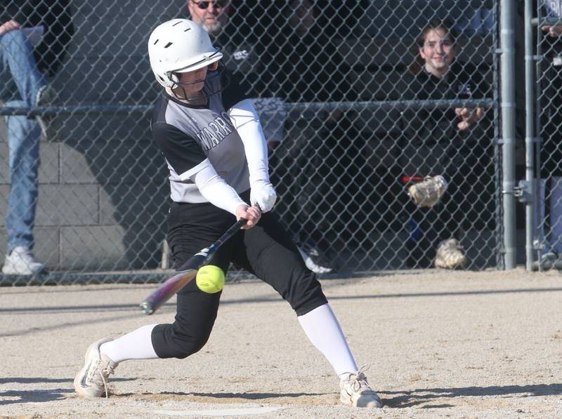 Woodland/Flanagan-Cornell's Ella Derossett gets a hit against St. Bede on Tuesday, April 8, 2025 at Woodland High School.