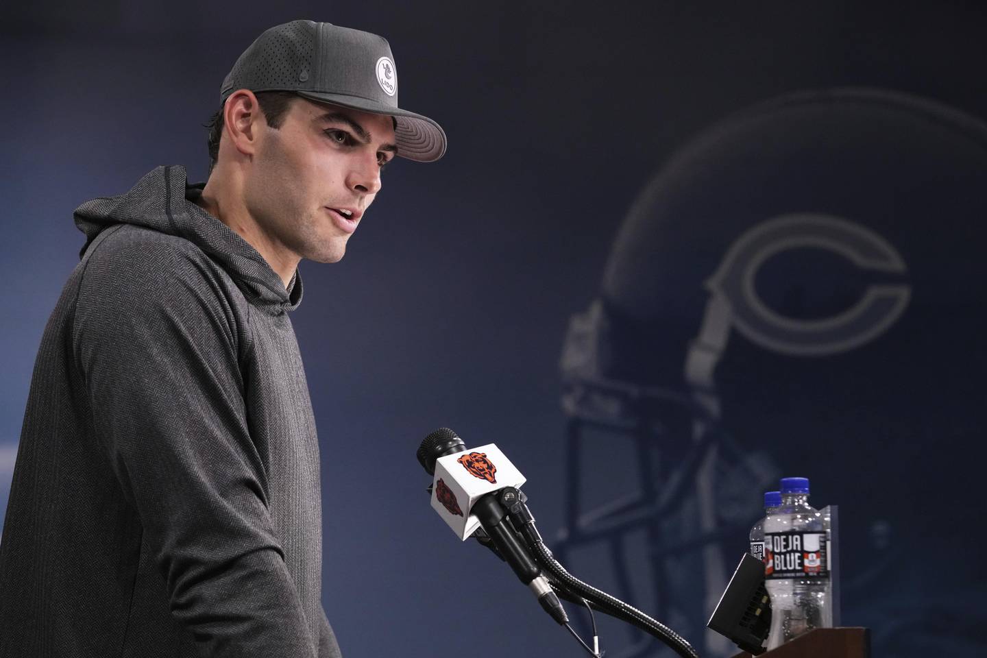 Chicago Bears tight end Cole Kmet talks to media at a news conference after NFL football practice at Halas Hall in Lake Forest, Ill., Tuesday, June 3, 2025. (AP Photo/Nam Y. Huh)