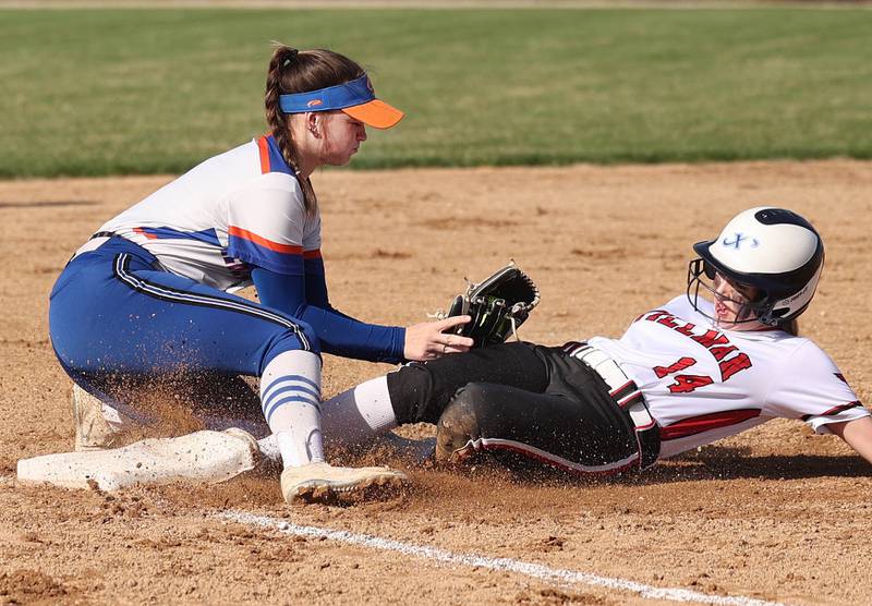 Genoa-Kingston's Olivia Vasak tags out Stillman Valley's Elizabeth Henderson at third base during their game Tuesday, April 18, 2023, at Genoa-Kingston High School.