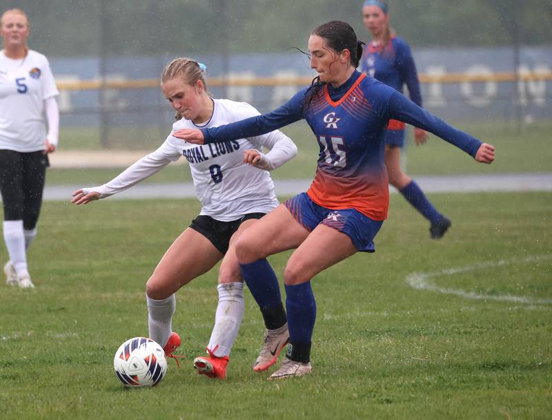 Genoa-Kingston's Samantha Wendt (right) and Rockford Christian's Ava Reese fight for possession Tuesday, May 20, 2025, during their Class 2A regional final game at Rockford Christian High School.