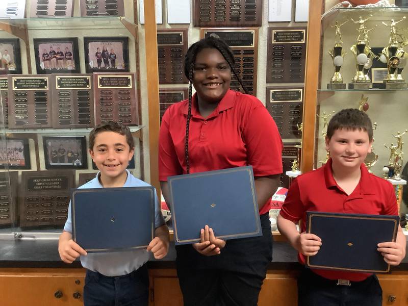 Pictured (left to right) are Damien Dissell,  Kyla Muhlstadt and Liam Jones. They were the three Americanism essay contest winners in the fifth and sixth grade divisions for the Mendota Elks Lodge. Muhlstadt also finished second in the state competition.