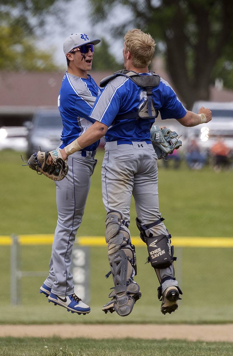 Newman celebrates their 6-2 win over Johnsburg Saturday, May 31, 2025, in the Class 2A Sectional final in Mendota.