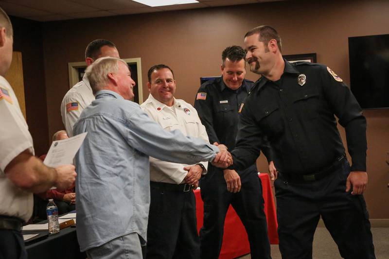 The Woodstock Fire/Rescue District recognized those who helped revive Charles Peterson, who suffered a heart attack in August, during their monthly board meeting Oct. 27. Awards were presented to WFRD Members, NERCOM 911 Telecommunicators, Woodstock Police Officer, Northwestern Medicine Cardiac Team and bystanders.