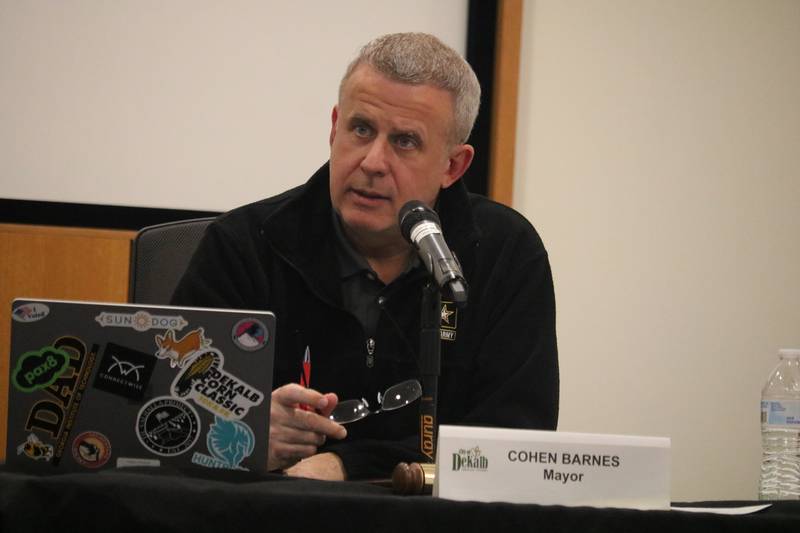 Mayor Cohen Barnes speaks at the March 13, 2023 meeting of the DeKalb City Council.