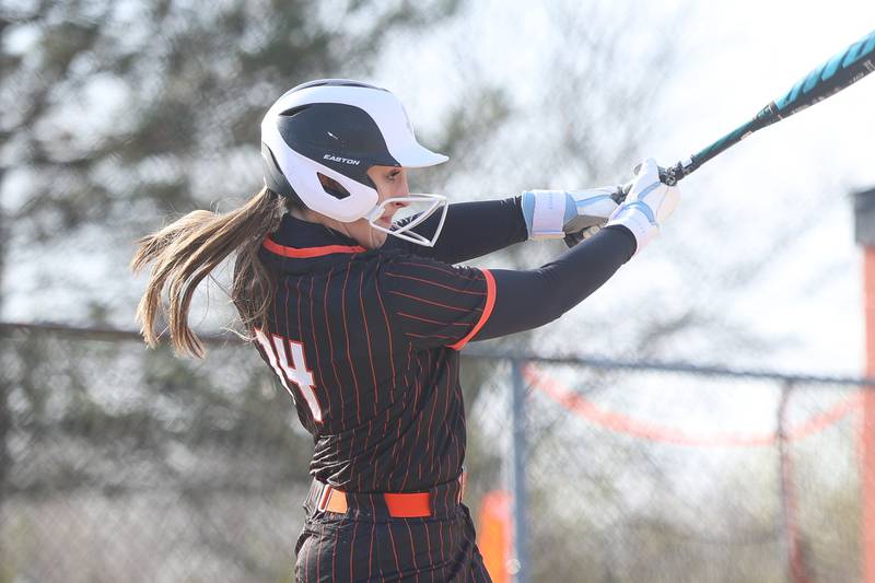 Minooka’s Chloe Miner connects for a grand slam against Joliet Catholic on Tuesday, April 7, 2026 in Minooka.