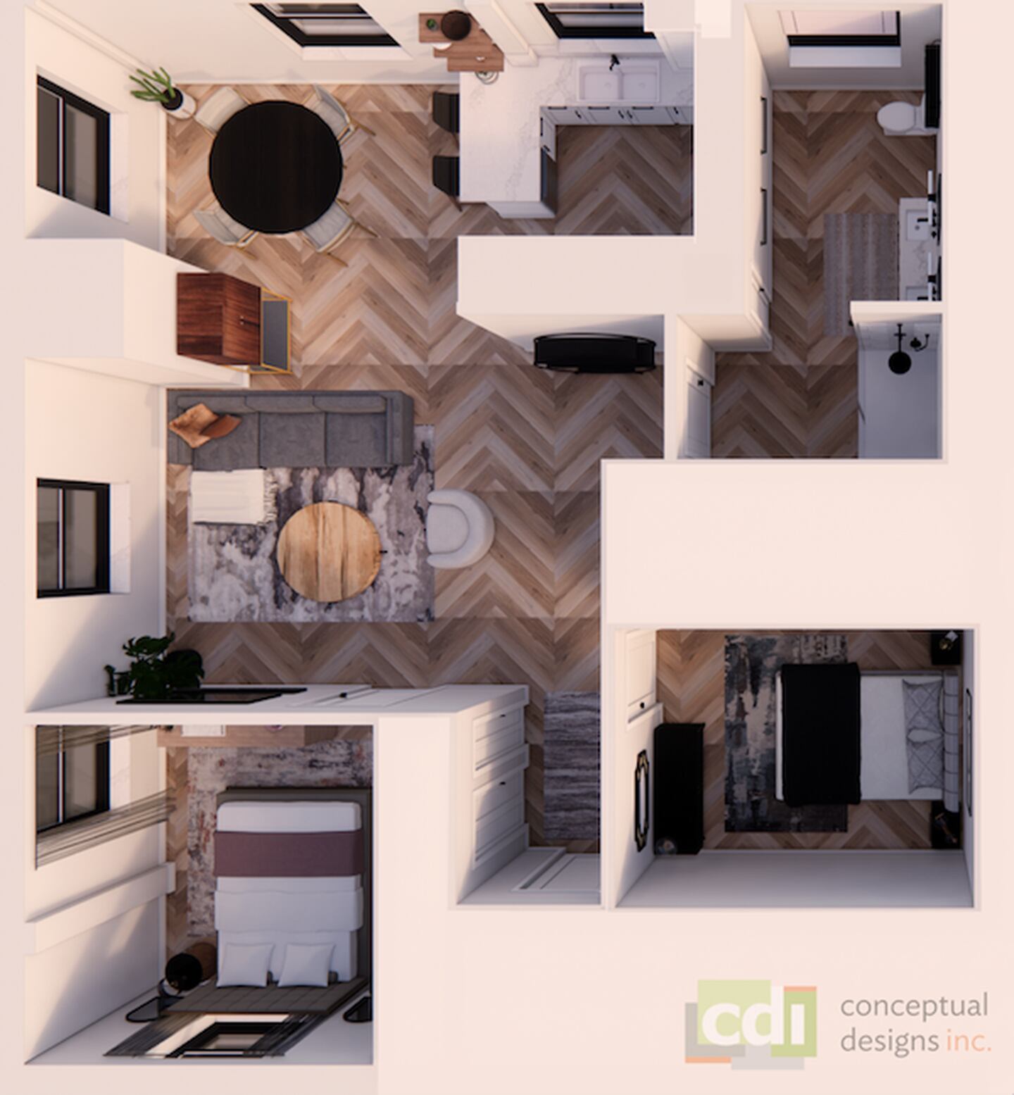 A proposed floor plan for a two-bedroom Riverview Lofts unit.