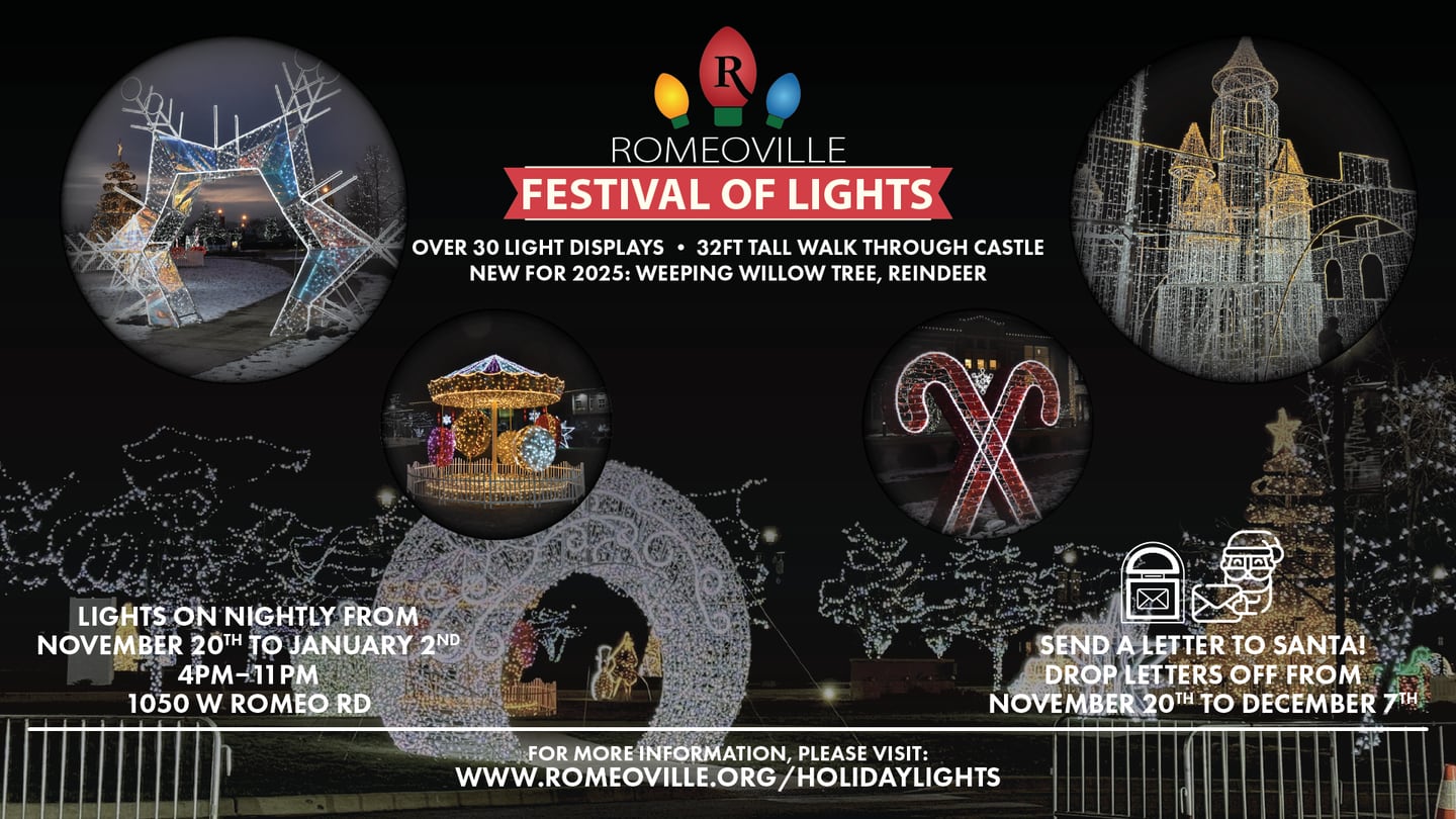 Romeoville’s Festival of Lights will include displays of more than 60 illuminated 2D and 3D creations, a 32-foot-tall walk-through castle, a 3D weeping willow tree and reindeer.