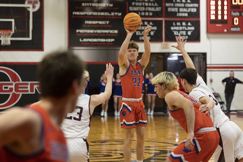 Eastland’s Braden Anderson puts up a shot against Dakota Wednesday, March 4, 2026, in the Orion 1A sectional semifinal.