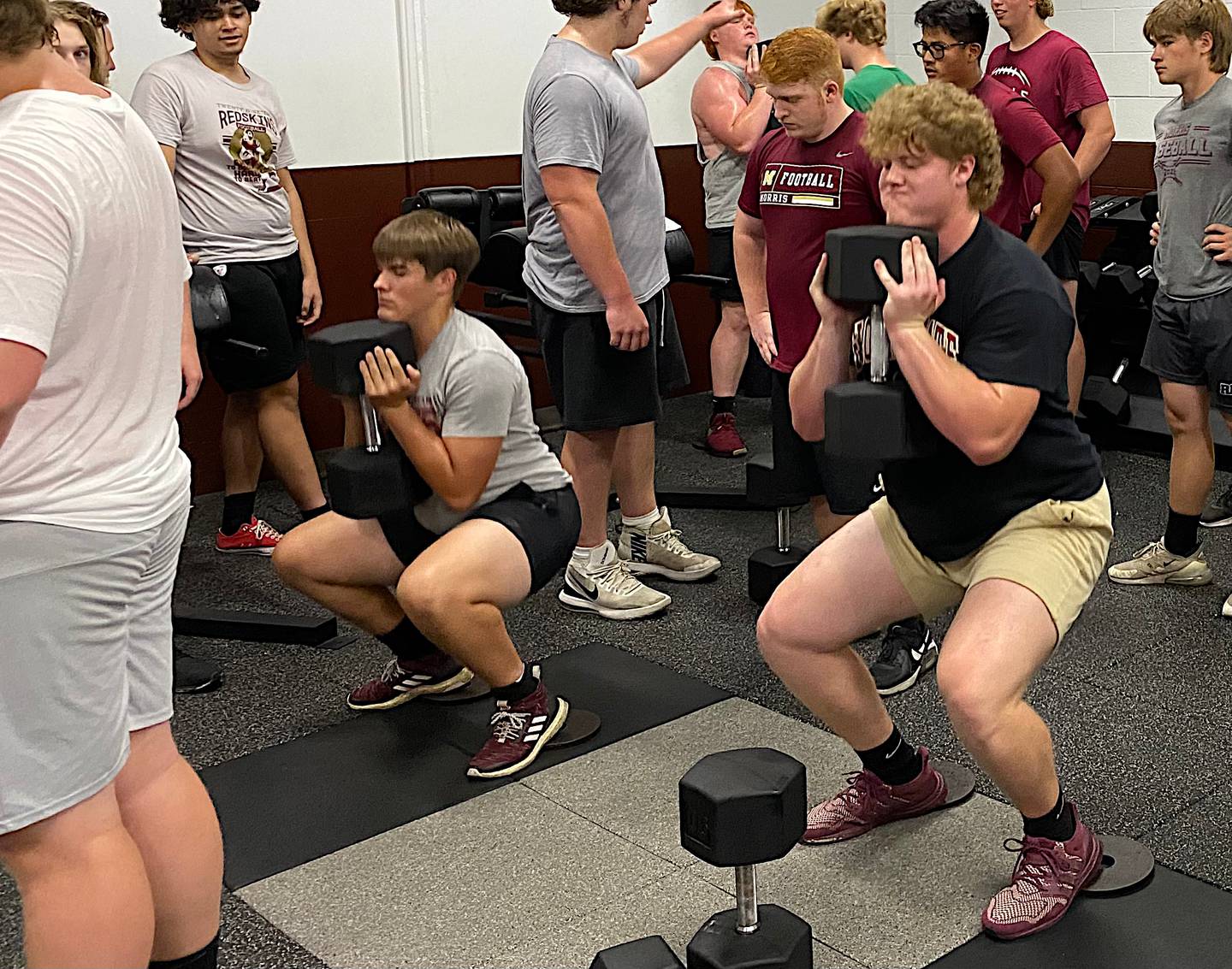 Justin Hemmersbach (right) is one of four starting offensive linemen returning this fall for the Morris football team. Hemmersbach is the first four-year varsity starter in coach Alan Thorson's 13 seasons.