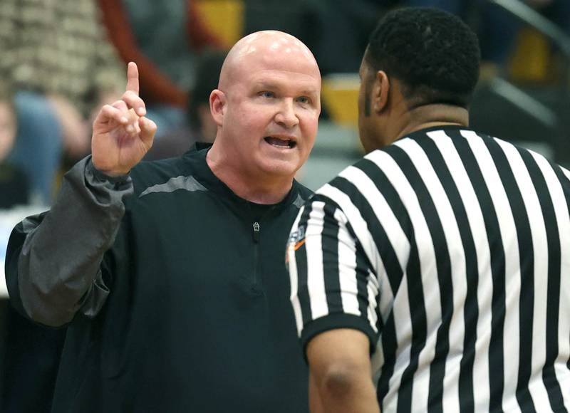 Kaneland's head coach Ernie Colombe isn’t happy with the officiating in the first half of their game Friday, Feb. 10, 2023, at Sycamore High School.